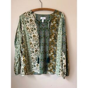 D&Co Denim + Company Floral Patchwork Tassel Tie Blouse S Boho Hippie Flowy